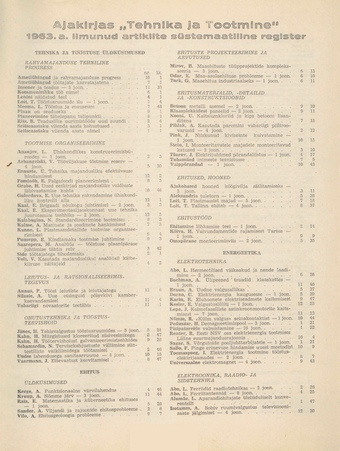 Tehnika ja Tootmine ; sisukord 1963