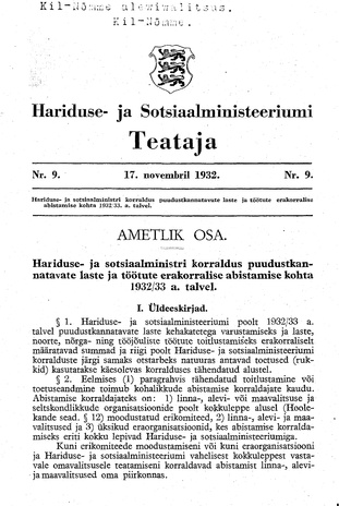 Hariduse- ja Sotsiaalministeeriumi Teataja ; 9 1932-11-17