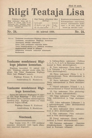 Riigi Teataja Lisa : seaduste alustel avaldatud teadaanded ; 24 1930-03-25