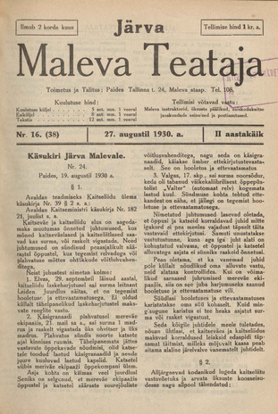 Järva Maleva Teataja ; 16 (38) 1930-08-27