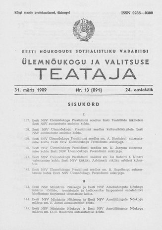 Eesti Nõukogude Sotsialistliku Vabariigi Ülemnõukogu ja Valitsuse Teataja ; 13 (891) 1989-03-31