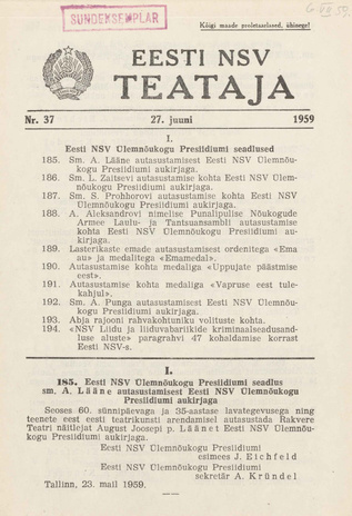 Eesti NSV Teataja = Ведомости Эстонской ССР ; 37 1959-06-27