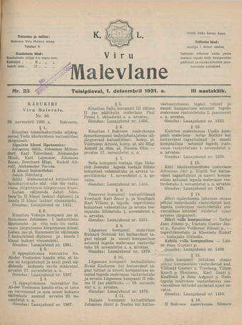 K. L. Viru Malevlane ; 23 1931-12-01