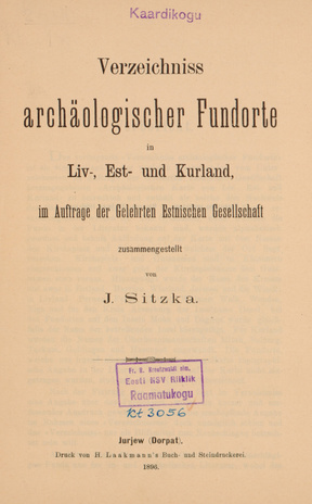 Verzeichniss archäologischer Fundorte in Liv-, Est- und Kurland 