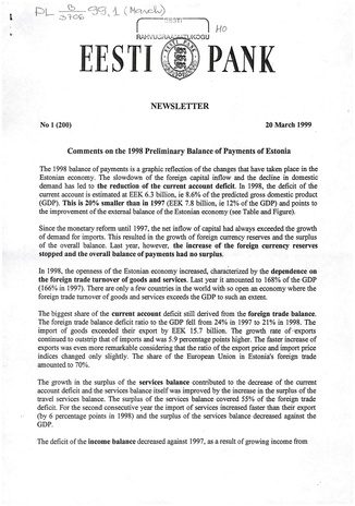 Eesti Pank : newsletter ; 1 (200) 1999-03-20