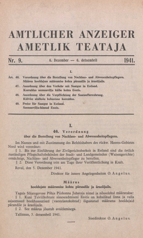 Ametlik Teataja. I/II osa = Amtlicher Anzeiger. I/II Teil ; 9 1941-12-06
