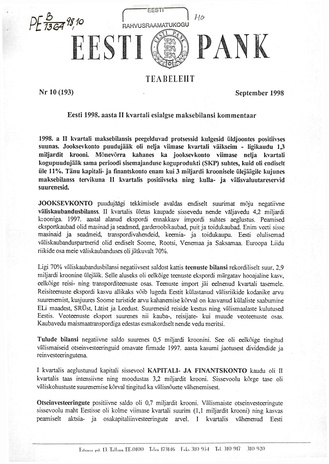 Eesti Pank : teabeleht ; 10 (193) 1998-09