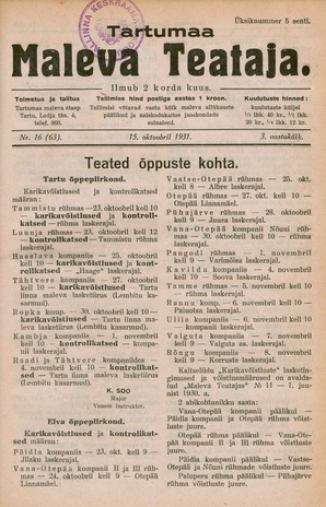 Tartumaa Maleva Teataja ; 16 (63) 1931-10-15