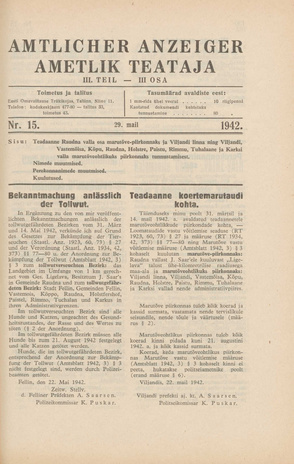 Ametlik Teataja. III osa = Amtlicher Anzeiger. III Teil ; 15 1942-05-29