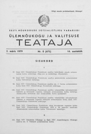 Eesti Nõukogude Sotsialistliku Vabariigi Ülemnõukogu ja Valitsuse Teataja ; 8 (675) 1979-03-02