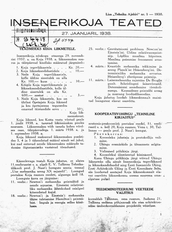 Insenerikoja Teated : ajakiri ; 1 1938-01-27