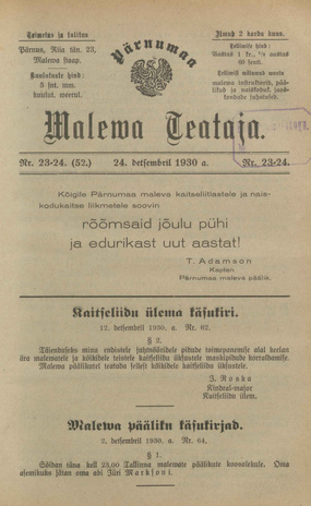 Pärnumaa Maleva Teataja ; 23-24 (52) 1930-12-24