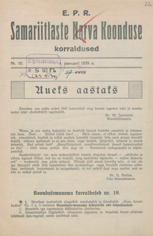 EPR Samariitlaste Narva Koonduse korraldused ; 10 1939-01-04