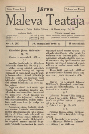 Järva Maleva Teataja ; 17 (39) 1930-09-10