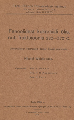 Fenoolidest kukersiidi õlis, eriti fraktsioonis 230-270⁰C : dissertatsioon farmaatsia doktori kraadi saamiseks