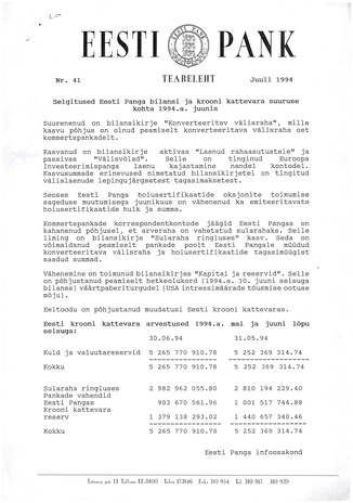 Eesti Pank : teabeleht ; 41 1994-07
