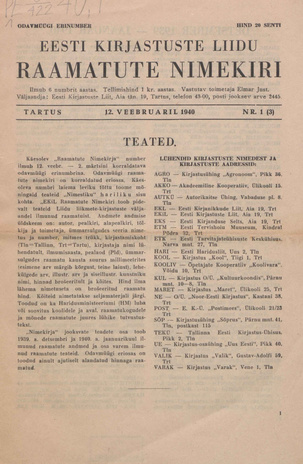 Eesti Kirjastuste Liidu raamatute nimekiri ; 1 (3) 1940-02-12