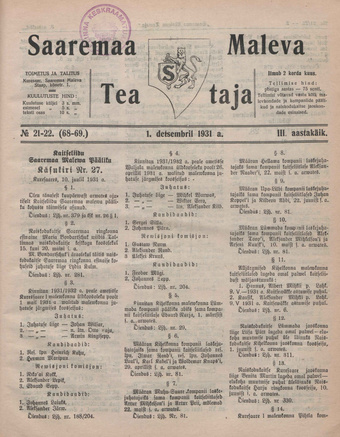 Saaremaa Maleva Teataja ; 21-22 (68-69) 1931-12-01