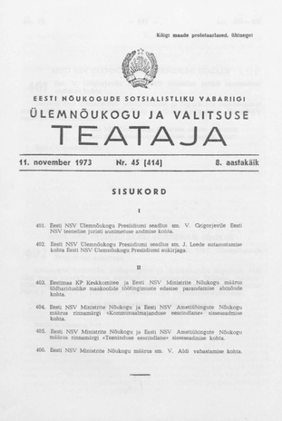 Eesti Nõukogude Sotsialistliku Vabariigi Ülemnõukogu ja Valitsuse Teataja ; 45 (414) 1973-11-11