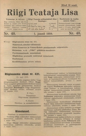 Riigi Teataja Lisa : seaduste alustel avaldatud teadaanded ; 40 1934-06-01