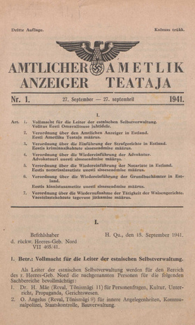 Ametlik Teataja. I/II osa = Amtlicher Anzeiger. I/II Teil ; 1 1941-09-27