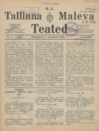 K. L. Tallinna Maleva Teated ; 1 1928-11-01