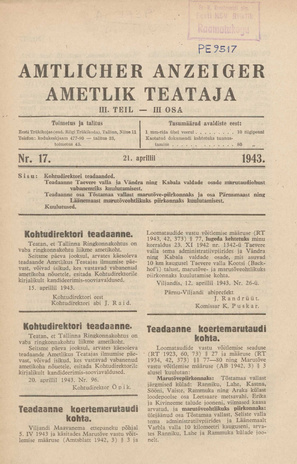 Ametlik Teataja. III osa = Amtlicher Anzeiger. III Teil ; 17 1943-04-21