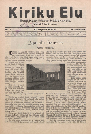 Kiriku Elu : Eesti Katoliiklaste Häälekandja ; 8 1936-08-10