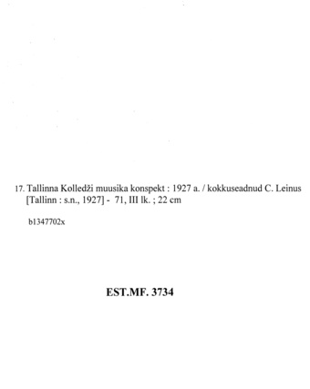 Tallinna Kolledži muusika konspekt : 1927 a.