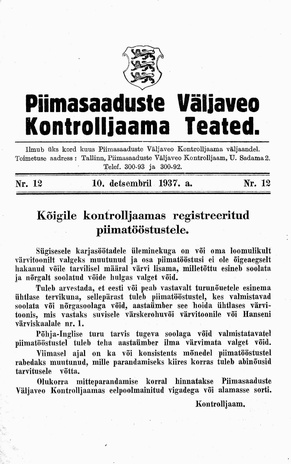 Piimasaaduste Väljaveo Kontrolljaama Teated ; 12 1937-12-10