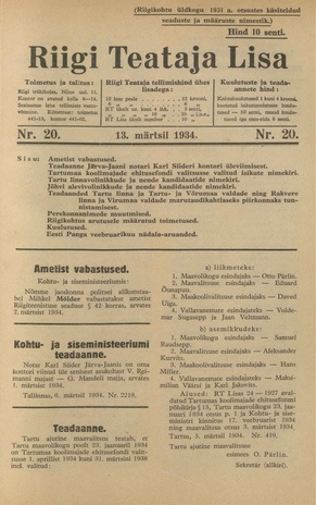 Riigi Teataja Lisa : seaduste alustel avaldatud teadaanded ; 20 1934-03-13