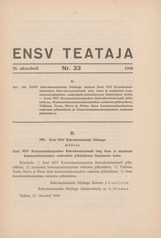 Eesti NSV Teataja ; 33 1940-10-26