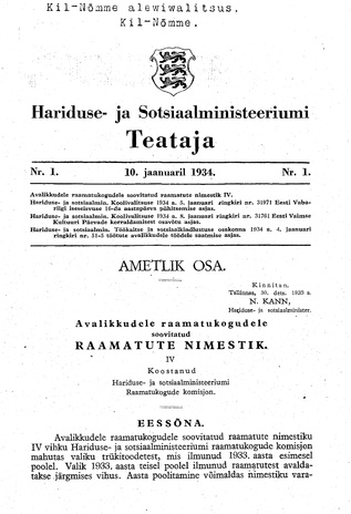 Hariduse- ja Sotsiaalministeeriumi Teataja ; 1 1934-01-10
