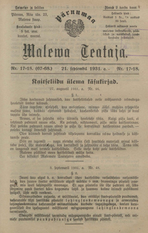 Pärnumaa Maleva Teataja ; 17-18 (67-68) 1931-09-21