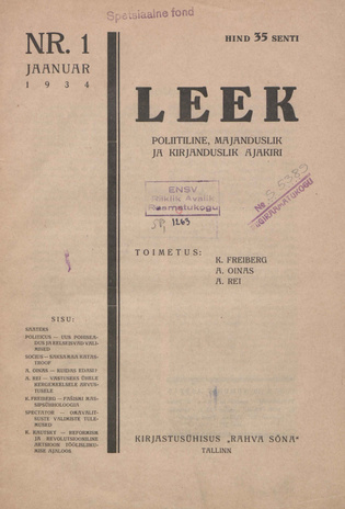 Leek : poliitiline, majanduslik ja kirjanduslik ajakiri ; 1 1934-01