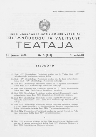 Eesti Nõukogude Sotsialistliku Vabariigi Ülemnõukogu ja Valitsuse Teataja ; 3 (218) 1970-01-21