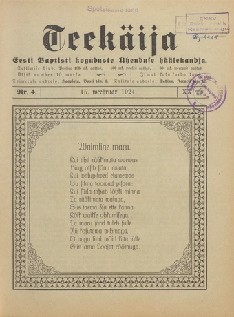 Teekäija : Eesti Baptisti Koguduse Ühenduse häälekandja ; 4 1924-02-15