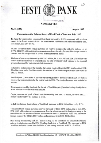 Eesti Pank : newsletter ; 12 (177) 1997-08