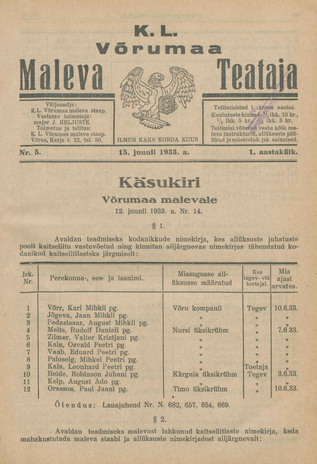 K. L. Võrumaa Maleva Teataja ; 5 1933-06-15
