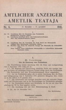 Ametlik Teataja. I/II osa = Amtlicher Anzeiger. I/II Teil ; 6 1941-11-27