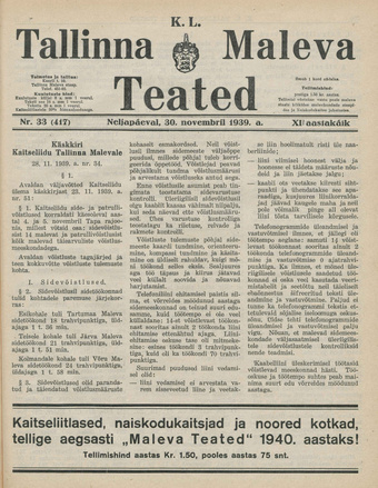 K. L. Tallinna Maleva Teated ; 33 (417) 1939-11-30