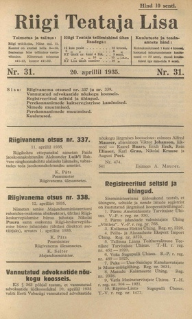 Riigi Teataja Lisa : seaduste alustel avaldatud teadaanded ; 31 1935-04-20