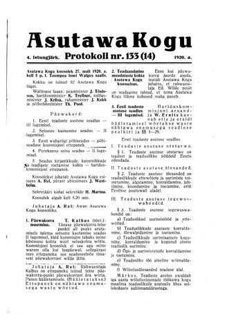 Asutawa Kogu protokoll nr.133 (14) (27. mai 1920)
