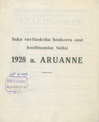 Saku suvituskoha heakorra eest hoolitsemise seltsi 1928 a. aruanne ; 1929-03