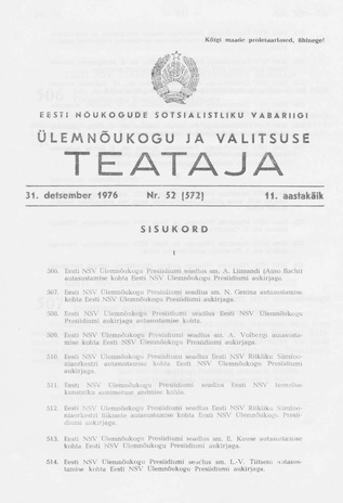 Eesti Nõukogude Sotsialistliku Vabariigi Ülemnõukogu ja Valitsuse Teataja ; 52 (572) 1976-12-31