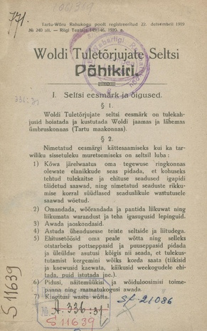 Woldi Tuletõrjujate Seltsi põhikiri : registreeritud 22. dets. 1919