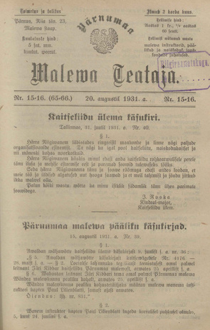 Pärnumaa Maleva Teataja ; 15-16 (65-66) 1931-07-20