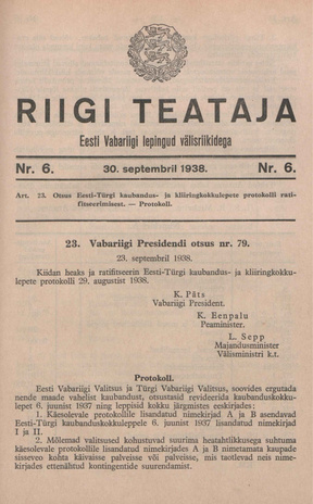 Riigi Teataja. Eesti Vabariigi lepingud välisriikidega ; 6 1938-09-30
