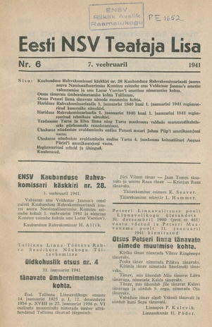 Eesti NSV Teataja lisa ; 6 1941-02-07