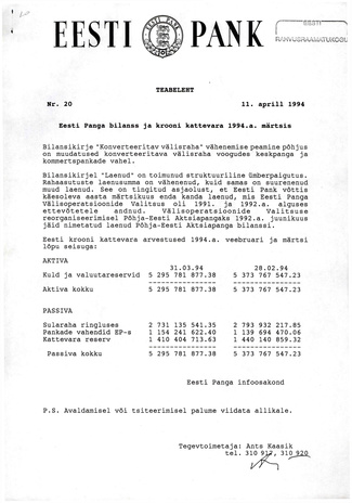 Eesti Pank : teabeleht ; 20 1994-04-11